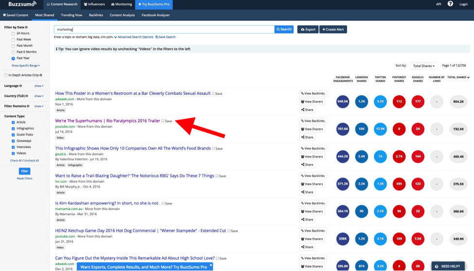 Buzz Sumo Most Shared Postings - Marketing