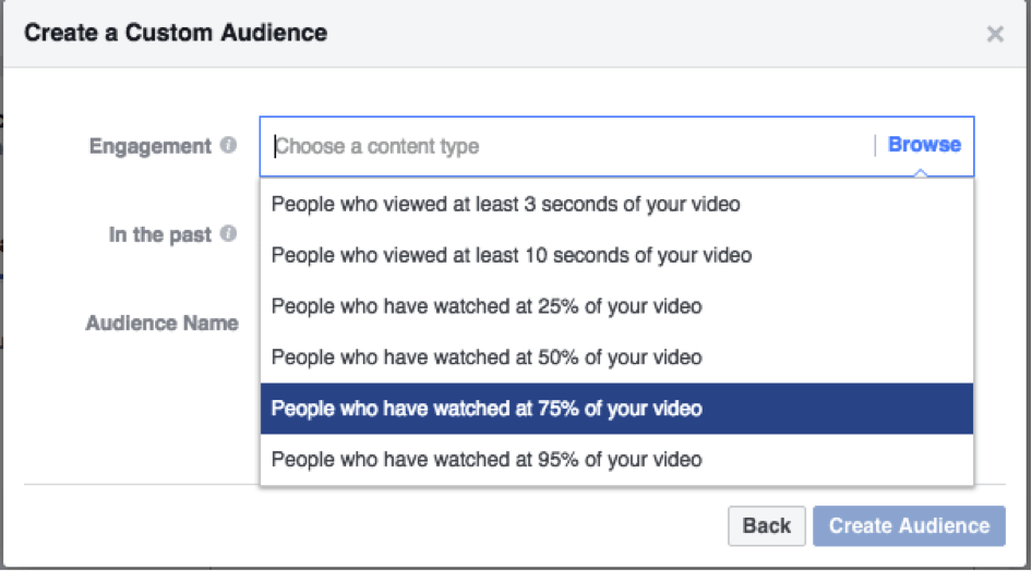 Creating Facebook video custom audience 75% viewed