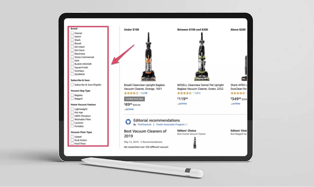 Amazon search results filtering with faceted search